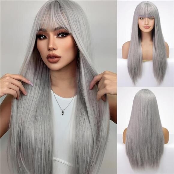 Grey Wig With Bangs For Women Long Straight Wigs Synthetic Layered